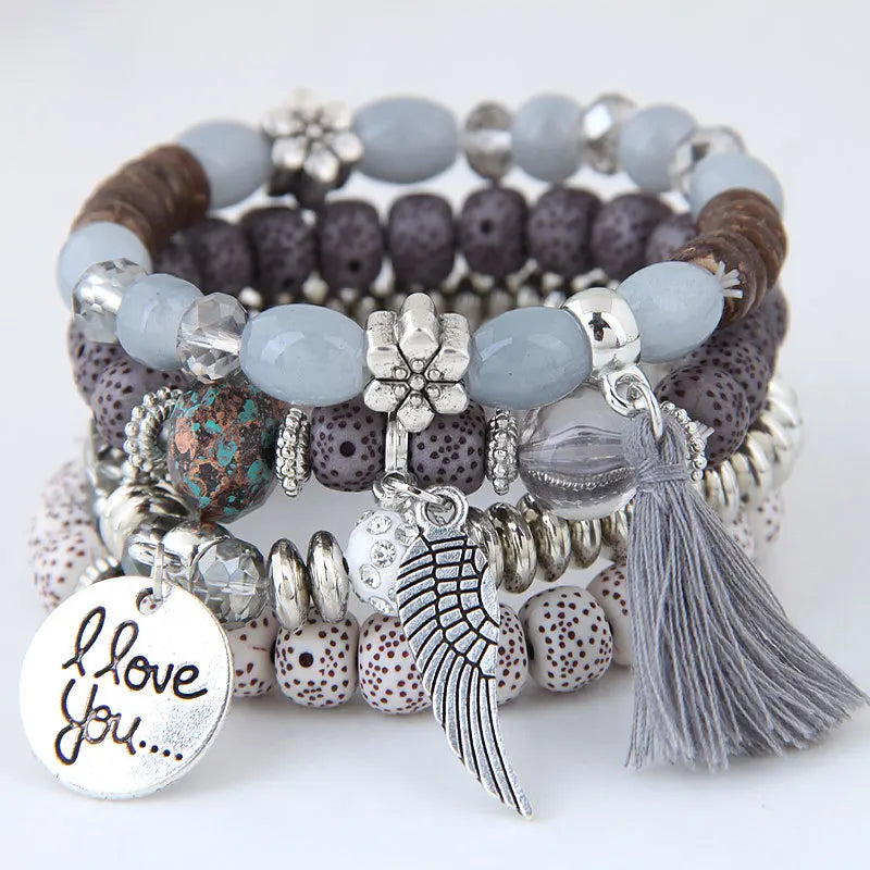 Duyizhao Vintage Boho Jewelry Love Glass Adjustable Beads Bracelet Multi- Layer Tassel Ethnic Bohemian Fashion Jewelry Bangle