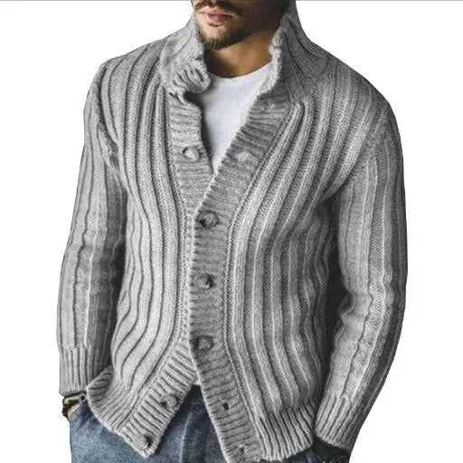 Men Sweater High-neck Knitted Cardigan Sweaters Solid Color Casual  Warm Polyester Sweater