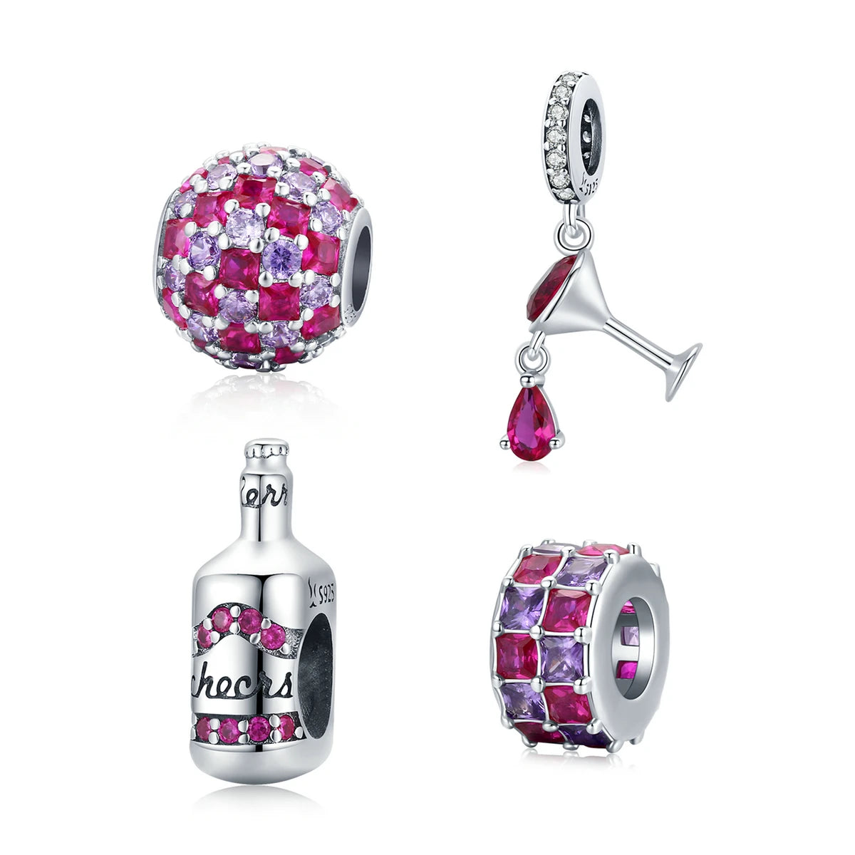 Silver Cz Pendant Charm Shining Light Ball pink Zirconia 925 Sterling Silver Bracelet Charms Jewelry Making for Diy