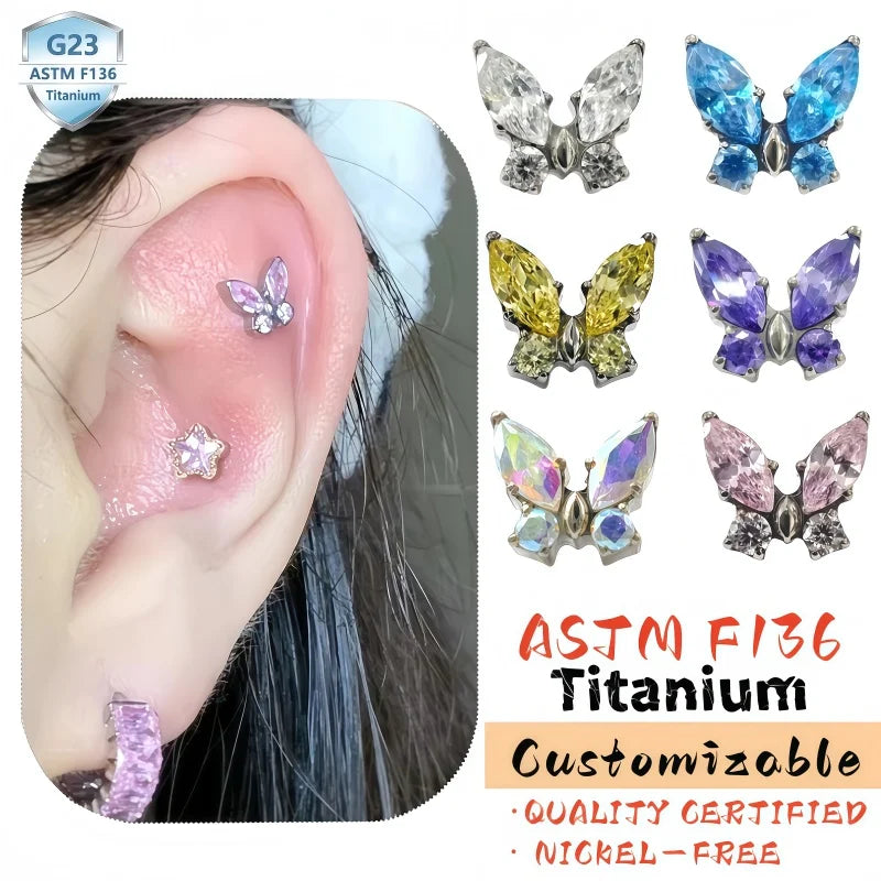 2025 Wholesale Fashion Titanium Jewelry for Women Cute Gold-Plated Butterfly Earrings Perforated Ear Bone NailSilver Accessories
