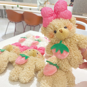 Kawaii Bow Strawberry Bear Plush Doll Cartoon Stuffed Bowknot Bear Keychain Backpack Pendant Plush Charm Toys for Girls Gifts