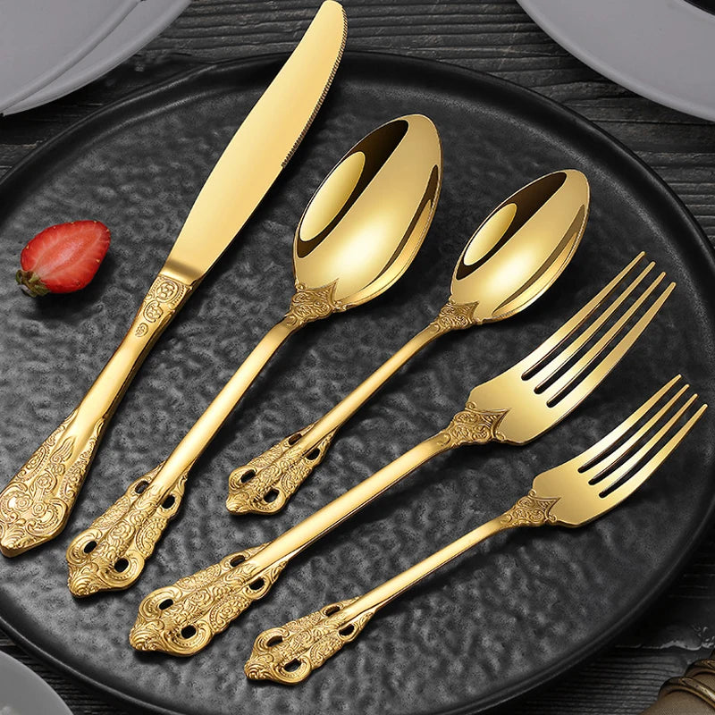 Stainless Steel 304 Royal Spoon Fork and Knife Silverware Wedding Golden Plated Retro Flatware Gold Vintage Luxury Cutlery Set