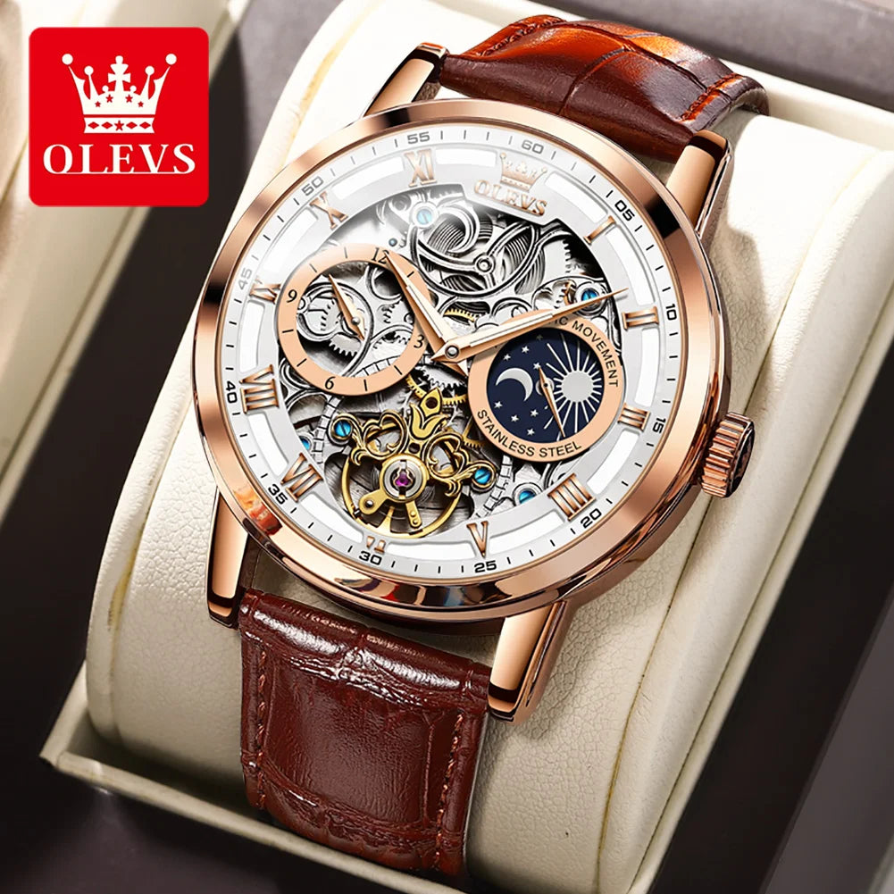 OLEVS 6670 Oem Custom Skeleton Dial Mens Watch Moon Phase Tourbillon Leather Automatic Mechanical Men Luxury Men Watch