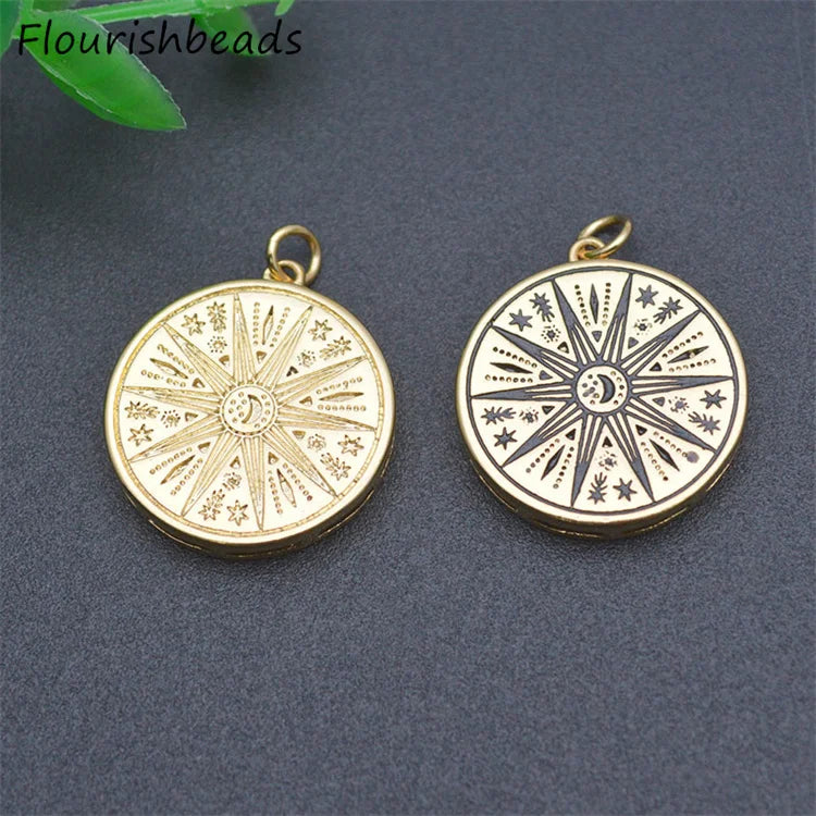 Unique Design Nickel Free Color Remain Gold Plated Black Enamel Big Round Star Starburst Charms Pendants for Necklace Making