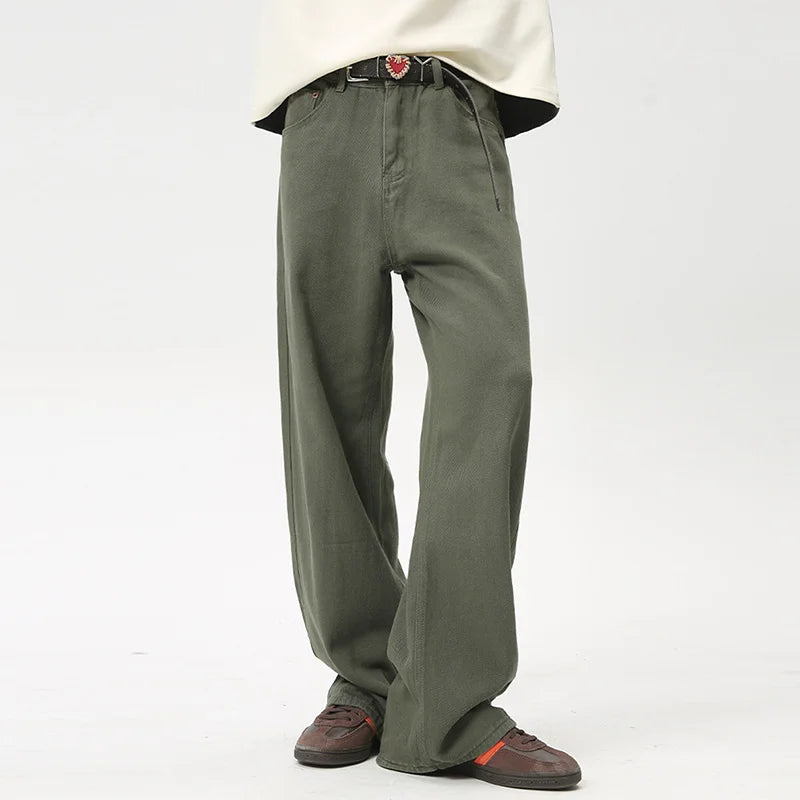 Men Spring Solid Color Straight Loose Wide Leg Fashion Denim Pants Jeans Vintage Casual Washed Simple Casual Men's Jeans