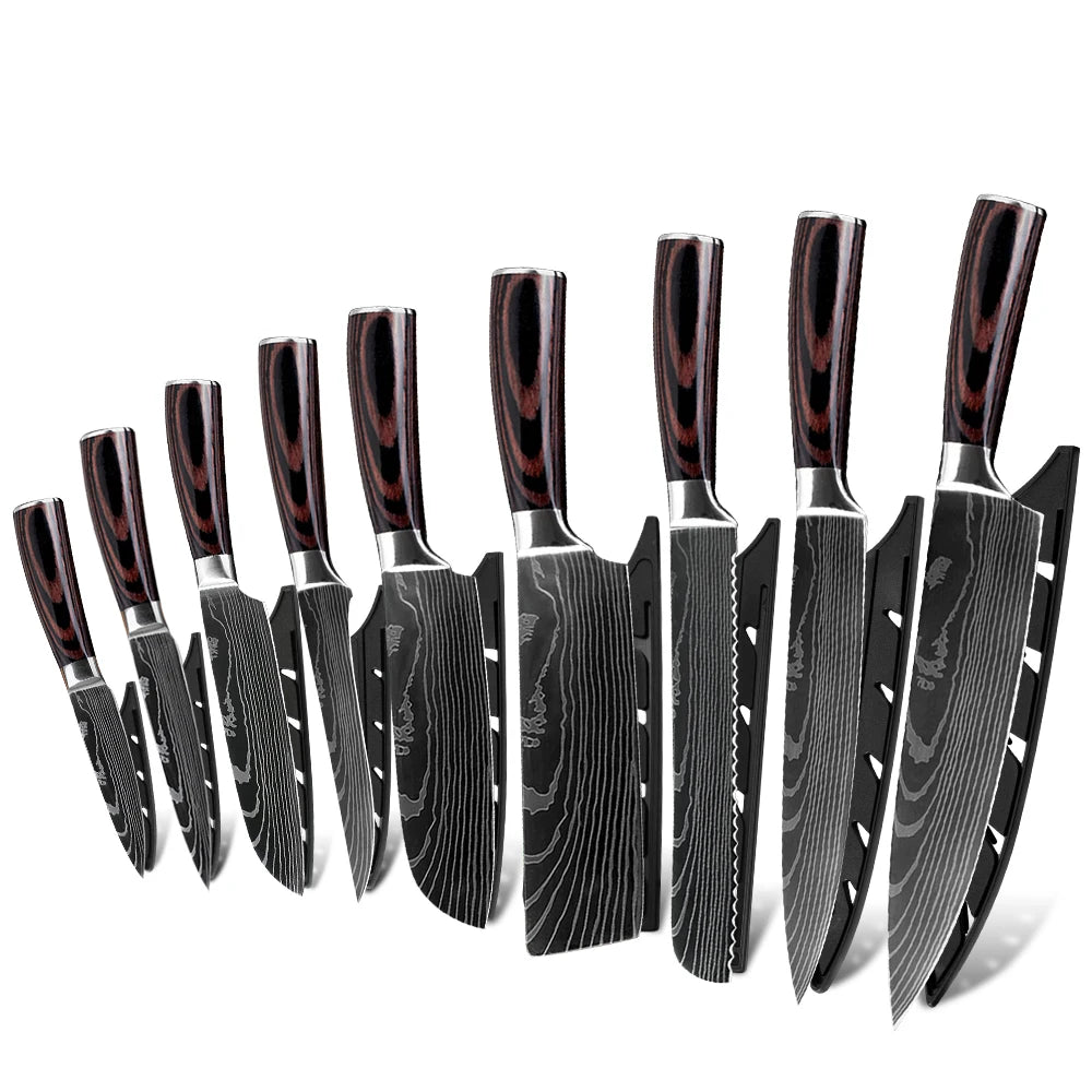 Hot Selling Wood Handle 7Cr17mov 440C High Carbon 9pcs Stainless Steel Kitchen Damascus Pattern Knife Set XYj