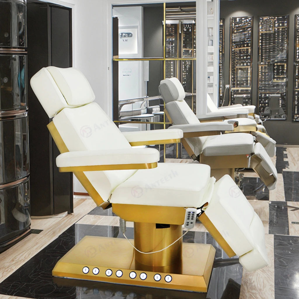 Facial Bed Beauty Salon Furniture Golden Base Spa Lash Tattoo Bed Massage Table Built-in Foot Control Electric Massage Bed