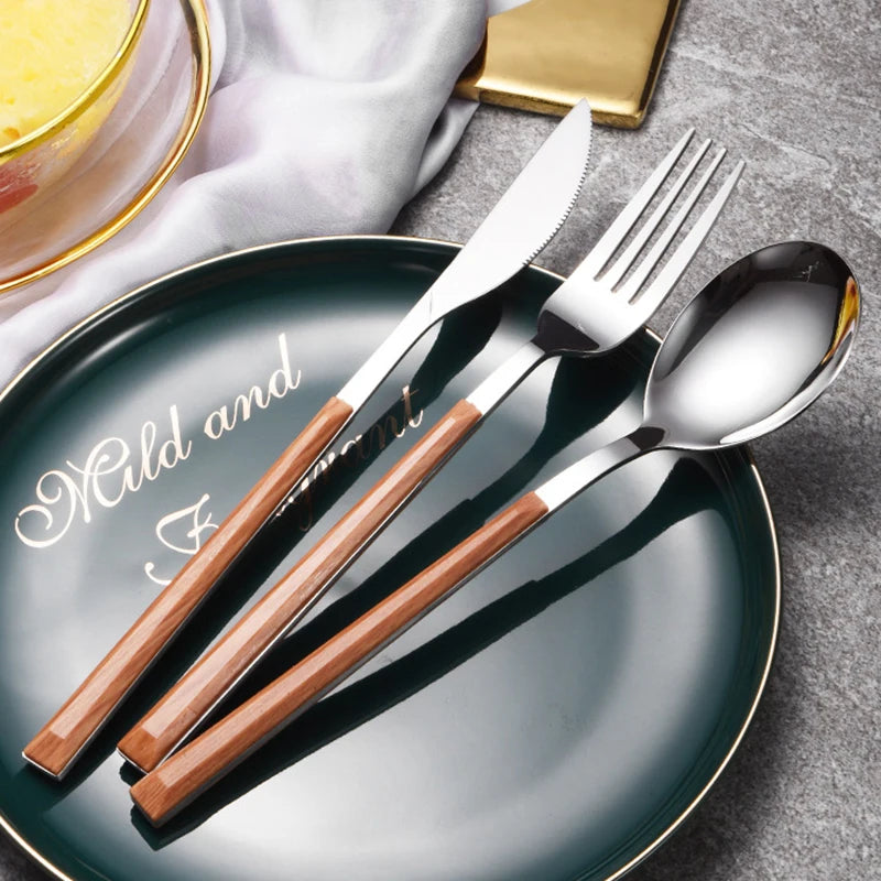 Vintage Formal Banquet Silverware Shinny Cutlery Set Wood Handle Flatware Korea Style