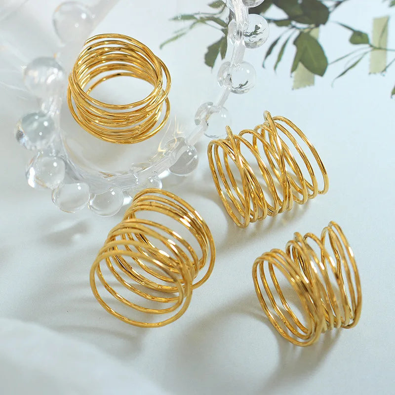 18k Gold Plated Cooper Chunky Ring Irregular Ten Thin Circle Hollow Design Rings Waterproof Jewelry