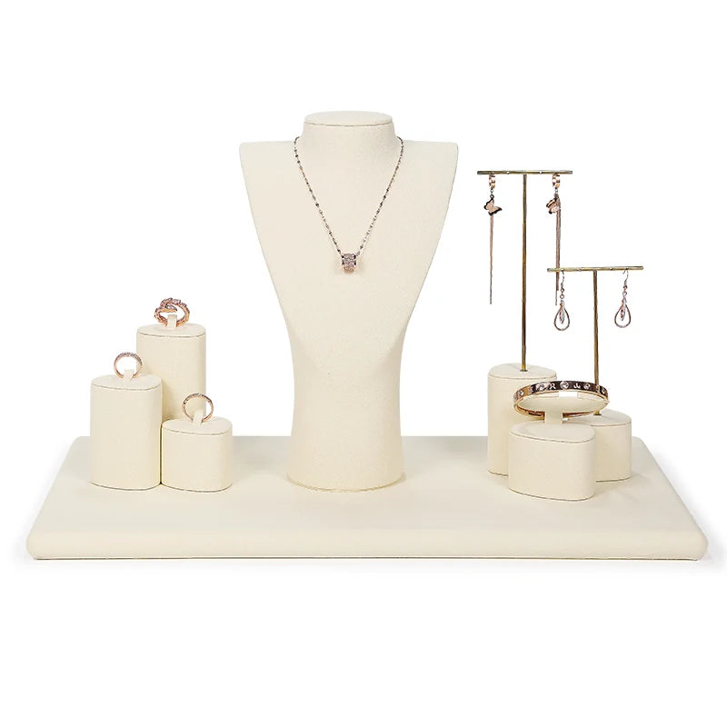 Jinsky Manufacturer Jewelry Display Stand Cases Beige Microfiber Jewelry Display Set Luxury Ring Holder Earring Stands