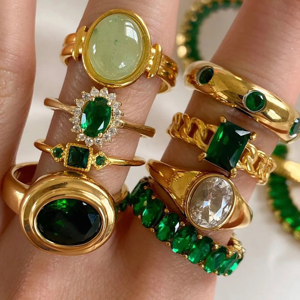 Vintage Jewelry Wedding Engagement Emerald Ring Stainless Steel 18K Gold Plated Multi CZ Emerald Cut Zircon Claw Setting Ring