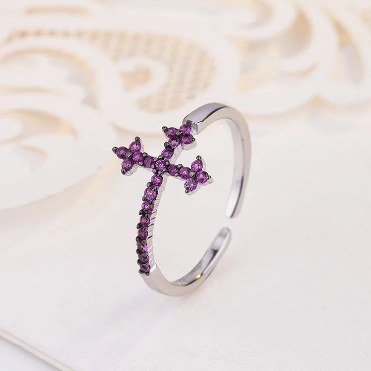 925 Sterling Silver Amethyst Cut Sunstar CZ Cross Rings for Women
