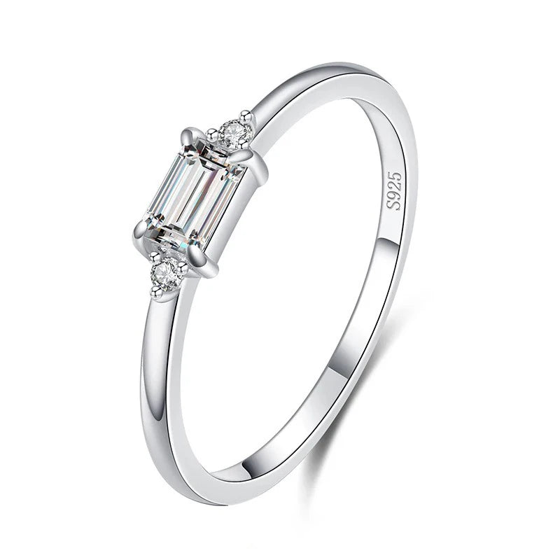 Simple Rectangle Brilliant White Cut CZ Solitaire Engagement Ring Thin Band 925 Sterling Silver for Women