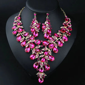 QS Women Hot Sell Diamond Necklace Set Lady Cool Party Bridal Necklace and Earrings Jewelry Set