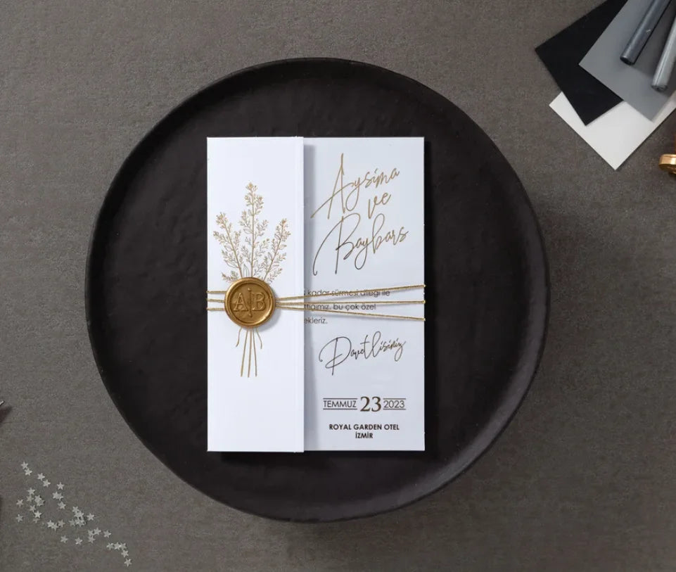 Luxury Clear Transparent  Gold Leaf White Cover With Monogram Wax Seal and Roped Gold Foil Acrylic Wedding Invitation