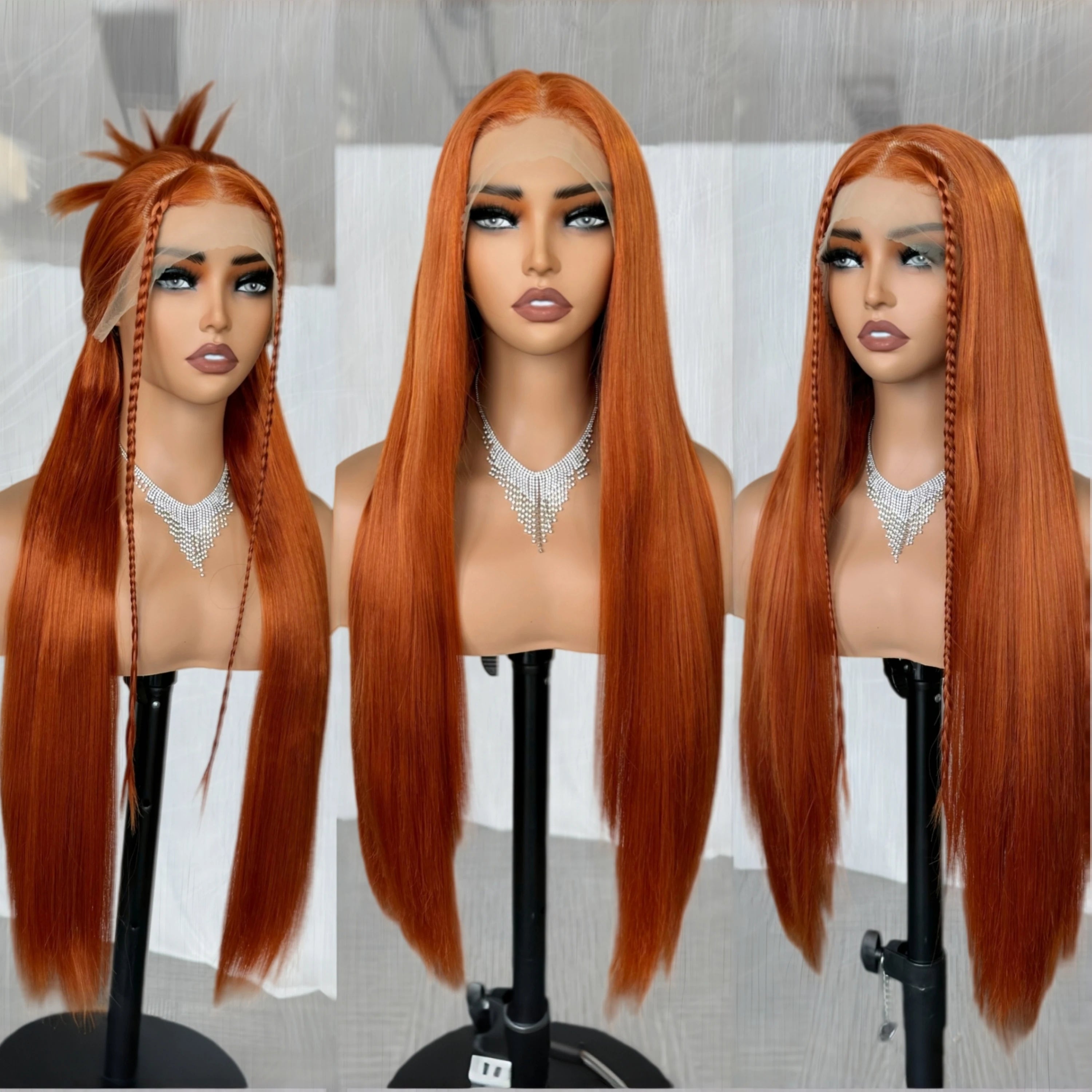 Ginger Orange Lace Wig Pre Plucked Synthetic Long Straight Ginger 13*6 Lace Frontal Wigs 180 Density Glueless Ginger HD Wigs
