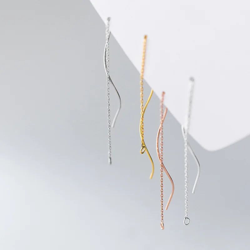 925 Sterling Silver Cross Chain Ear Wire Wave Thread with O Ring Earrings Accessories