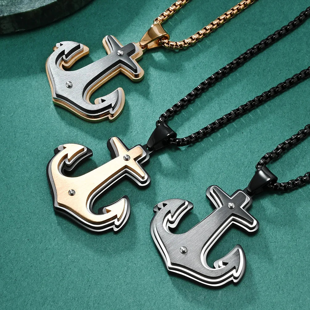 Classic Simple Style Vacuum Plating Stainless Steel Ship Boat Anchor Cross Pendant Necklace Punk Hip Hop Jewelry for Men