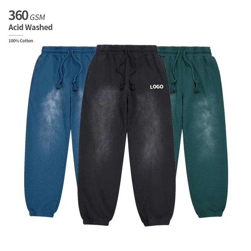 Acid Washed 330 GSM 100% Cotton Drawstring Terry Lining Casual Mens Streetwear Unisex Man Pants Long Sweatpants