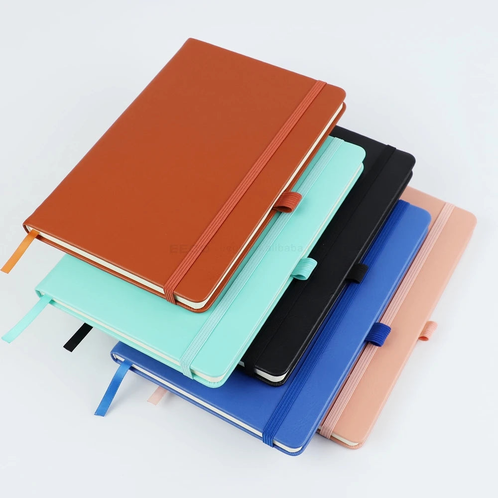 Korean Style Custom Logo Black Journal A5 Lined Notebook School PU Leather Diary Note Book With Elastic Band