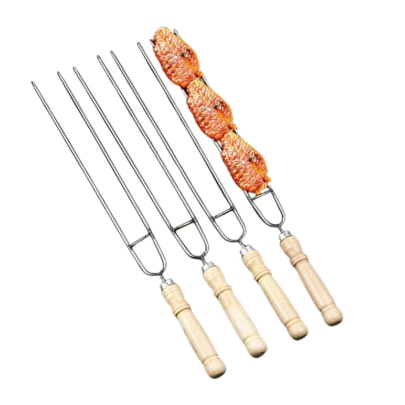 Wholesale Double Pronged Kabobs BBQ Skewers Stick Matel Stainless Steel Grilling Skewers Barbecue Skewers with Wooden Handle