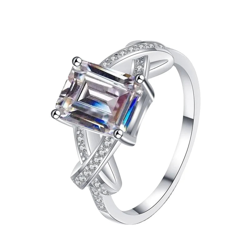 Real 3Carat Sparkling Moissanite Ring Emerald Cut 925 Sterling Silver 18K White Gold Plated Fine Jewelry Rings for Women
