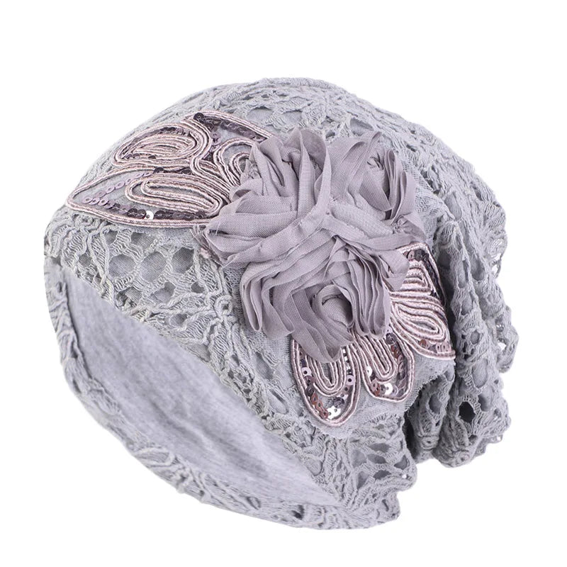 High Quality Sequined Flower Mesh Baggy Turban Hat Chemo Turban Cap  TTM-23