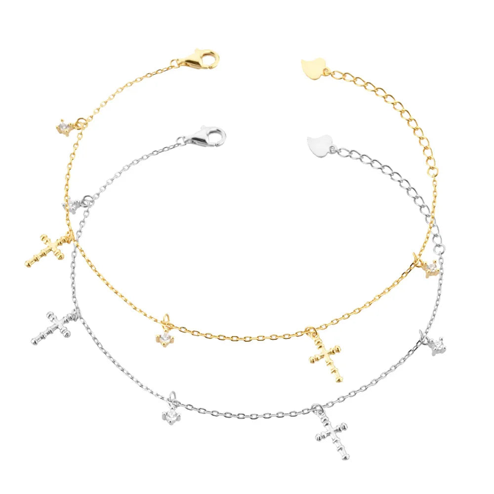 FUAMAY Gold Plated 925 Silver Zircon Cross Charm Bracelet for Women-Trendy Wedding Gift & Party S925 Sterling Silver Bracelet