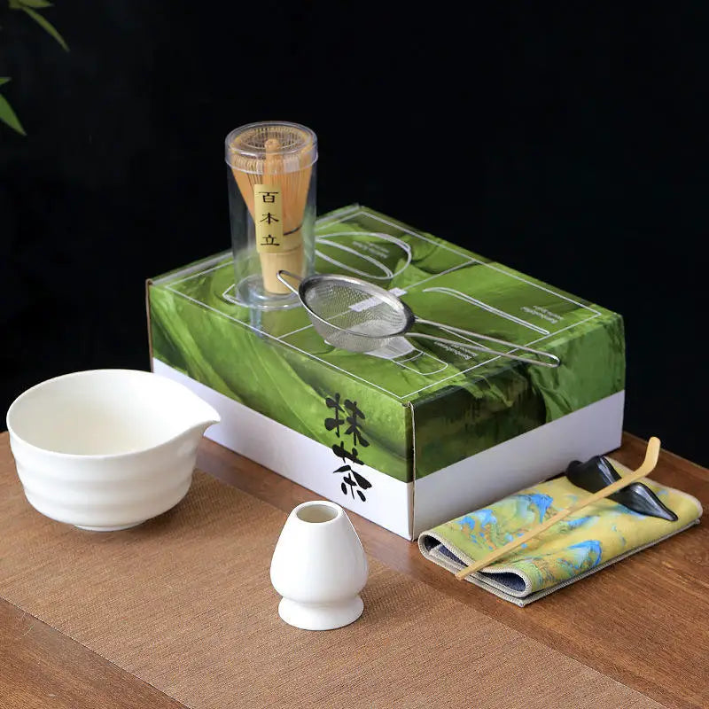 Custom Logo Bowl Chawan Whisk Chasen Stand Scoop Chashaku Tea Spoon Japanese Bamboo Matcha Gift Set