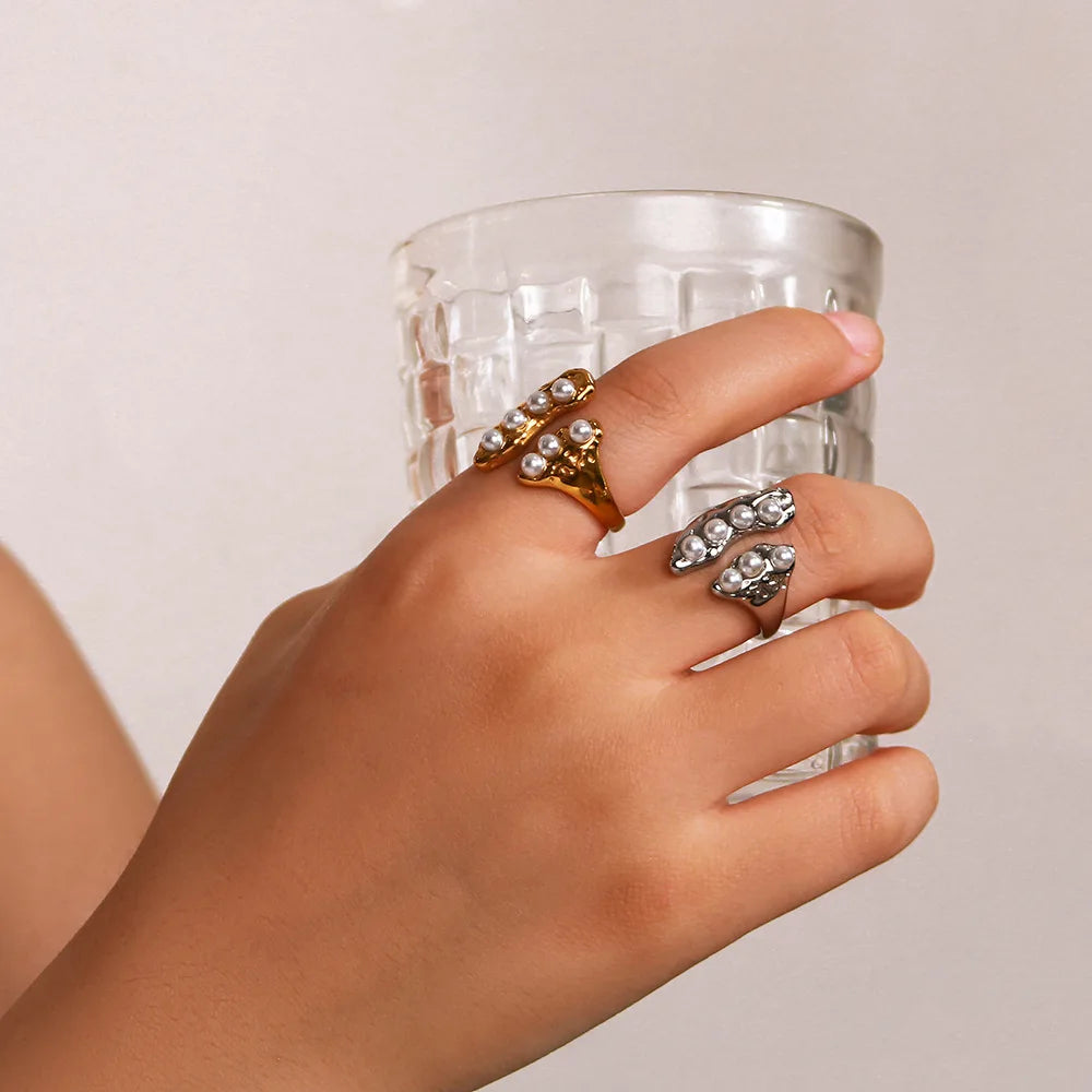 New Arrival 18K Gold PVD Plated Stainless Steel Hammer  White Pearl Open Adjustable Ring for Girls