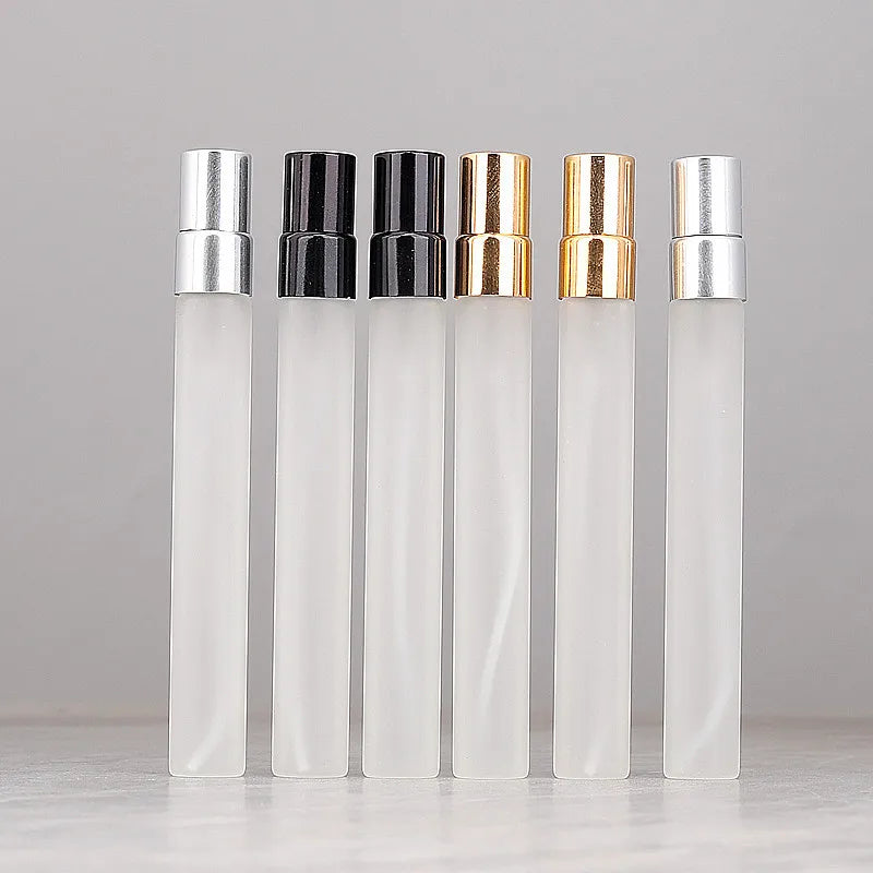 Hot Sale Cosmetic 10 ml  Frosted Portable Glass Perfume Empty Bottle  Spray Essential Oil Bottles with Black/Golden/Silver Cap