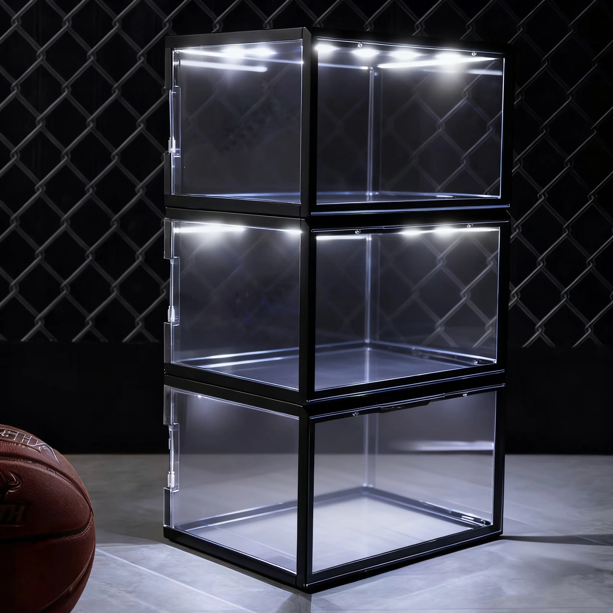 Sound Activated Custom logo Transparent LED Shoe Storage Box Clear Plastic with Light Side Open Magnets Stackable Led Shoe Crate