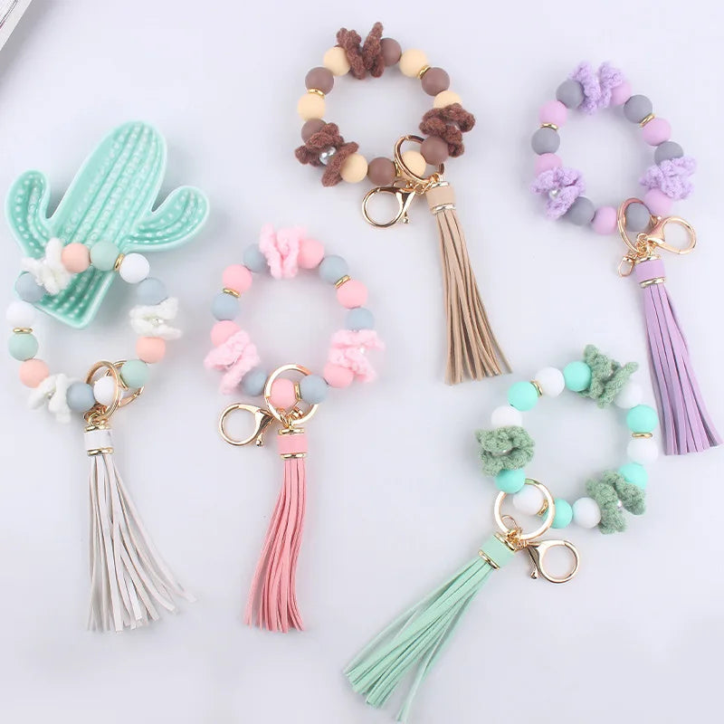 New Crochet Wool Petal Beads Leather PU Tassel Pendant Silicone Bracelet Keychain