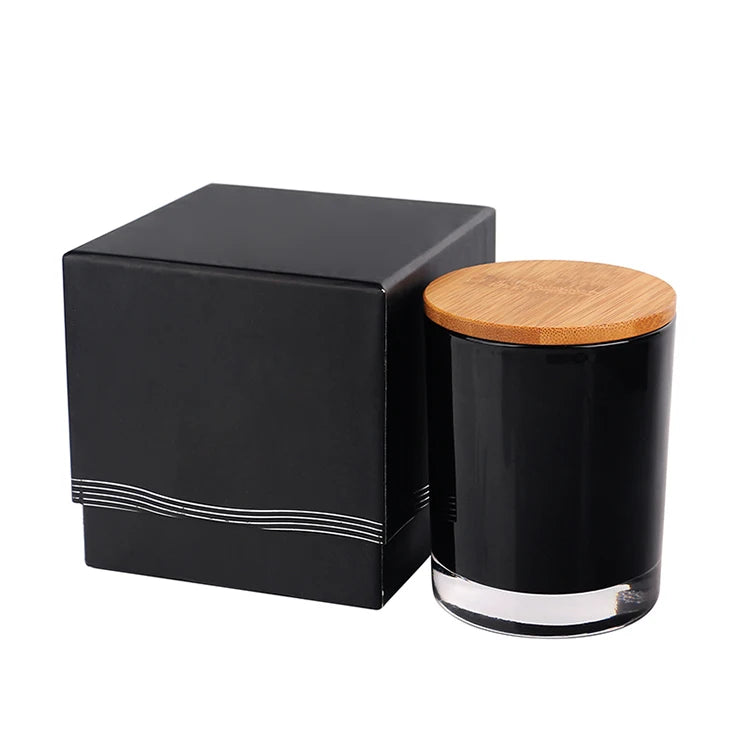 2021 Unique Gift Large Eco Friendly Wooden Lid Black Empty Glass Candle Container Jars for Candle Making