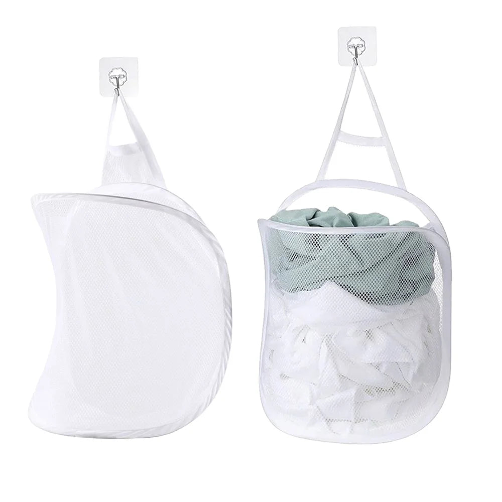 Net Pop up Hamper Wall Hanging Mesh Laundry Hamper Over the Door Large Storage Bag with Big Metal Rim Opening