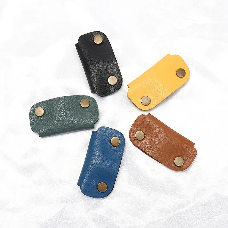 Personalized Gift Data Cable Belt Storage Leather Buckle Headphone Cable Winder Button Type Cable Management Cowhide Leather Bag