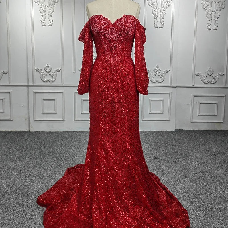 Jancember 9901 Sequins Long Sleeve Red Party Mermaid Wedding Gowns Dresses