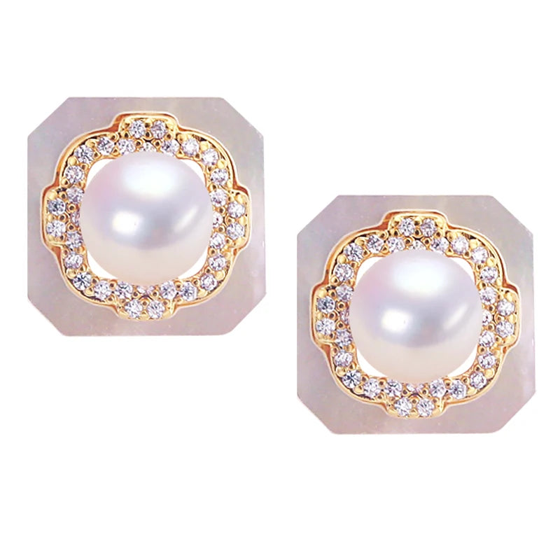Wholesale S925 Silver Needle Square Sea Shell Design Natural  Freshwater Pearl Earrings