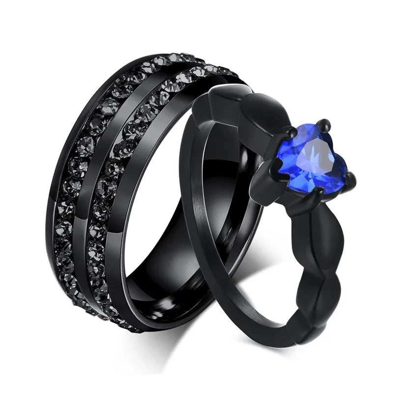 Instyle Couple Rings Wholesale Stainless Steel Black Crystal Blue Zircon Ring Heart Women Gift