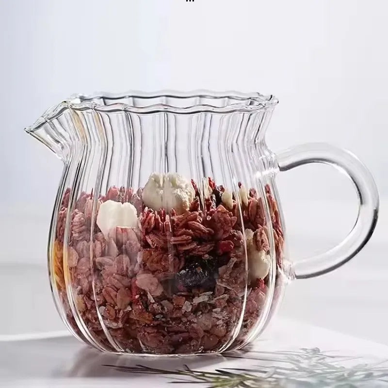 Japanese Stripe Milk Cans Heat-Resistantn Glass Jug With Handle Coffee Tea Separator Pull Flower Cup Home Cafe Drinkware