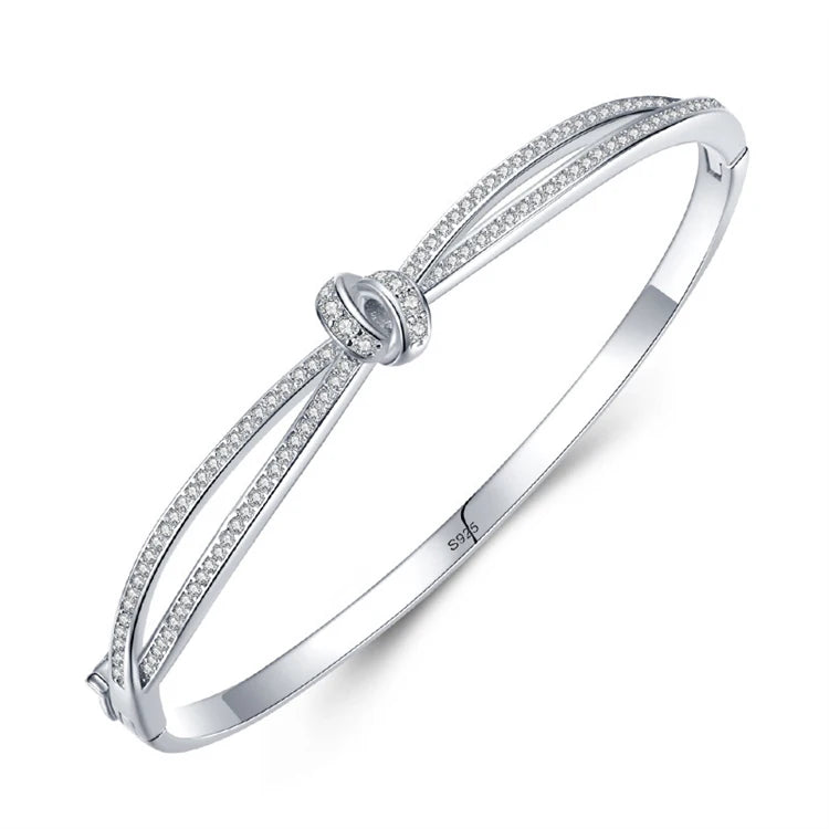 Stylish Simple Knot Cuff Bracelet Bangle 925 Sterling Silver Pave Full Zircons Rhinestone Bangles for Women Gifts