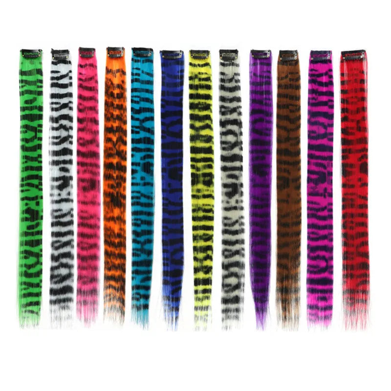 18" Zebra Line Feather Hair Extension Wig for Women Long Straight Clip-in Colored Feather Hair Extensions