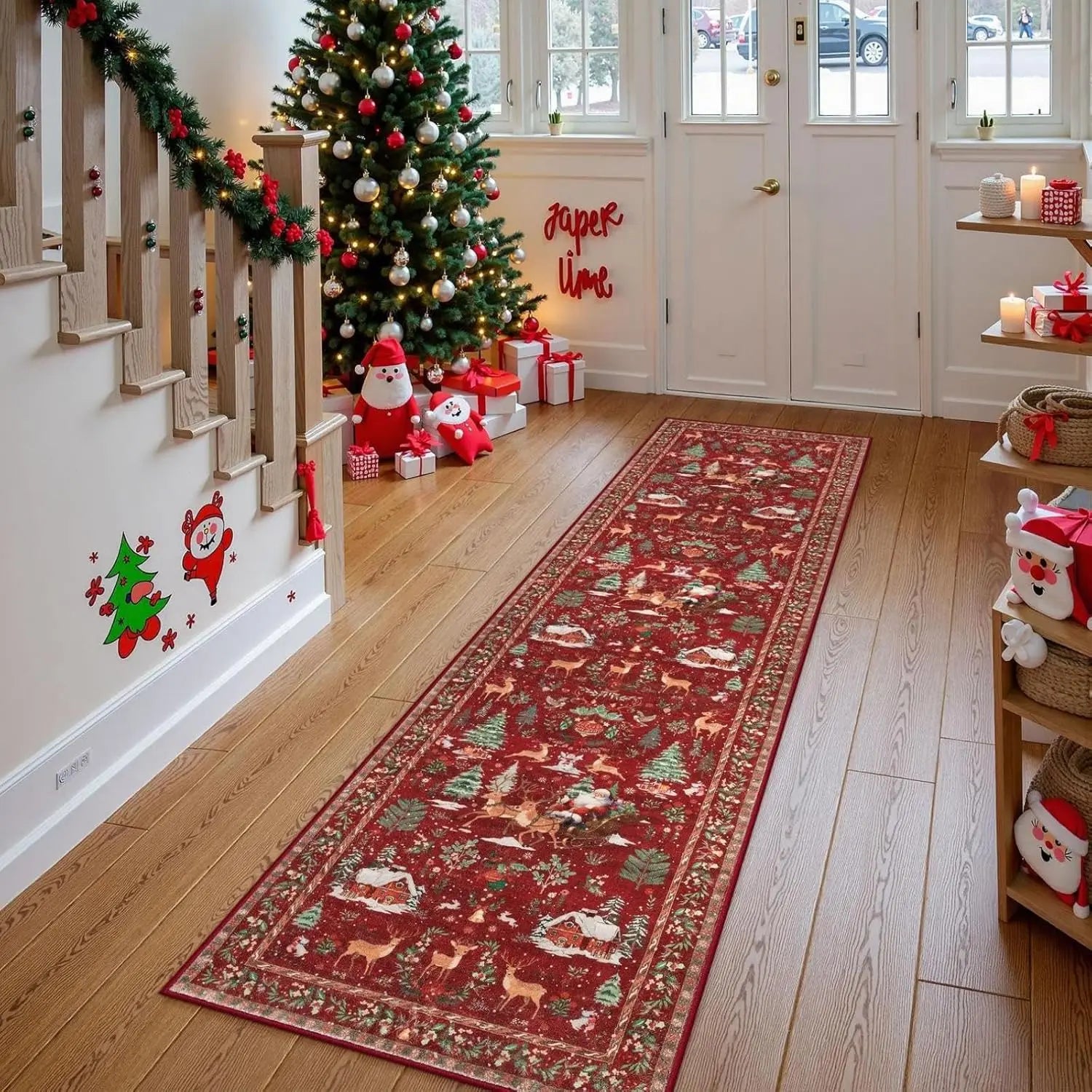 Non-Skid Washable Kitchen Bathroom Carpet Runner Soft Holiday Decor for Entryway Faux Cashmere 2x10 Red Christmas Runner Rug