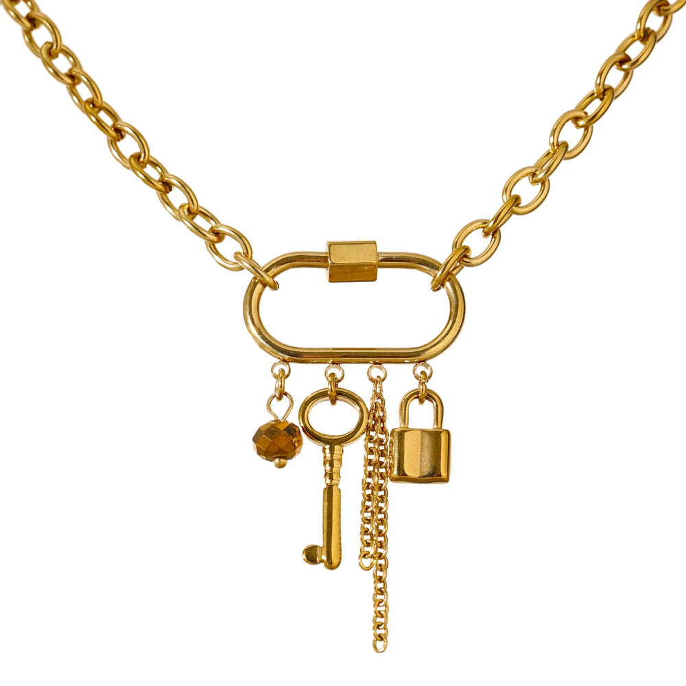 JINYOU 1734 Fashion Handmade Metal Drop Necklace Gold Plated Stainless Steel Lock Key Pendant Necklace for Women Jewelry