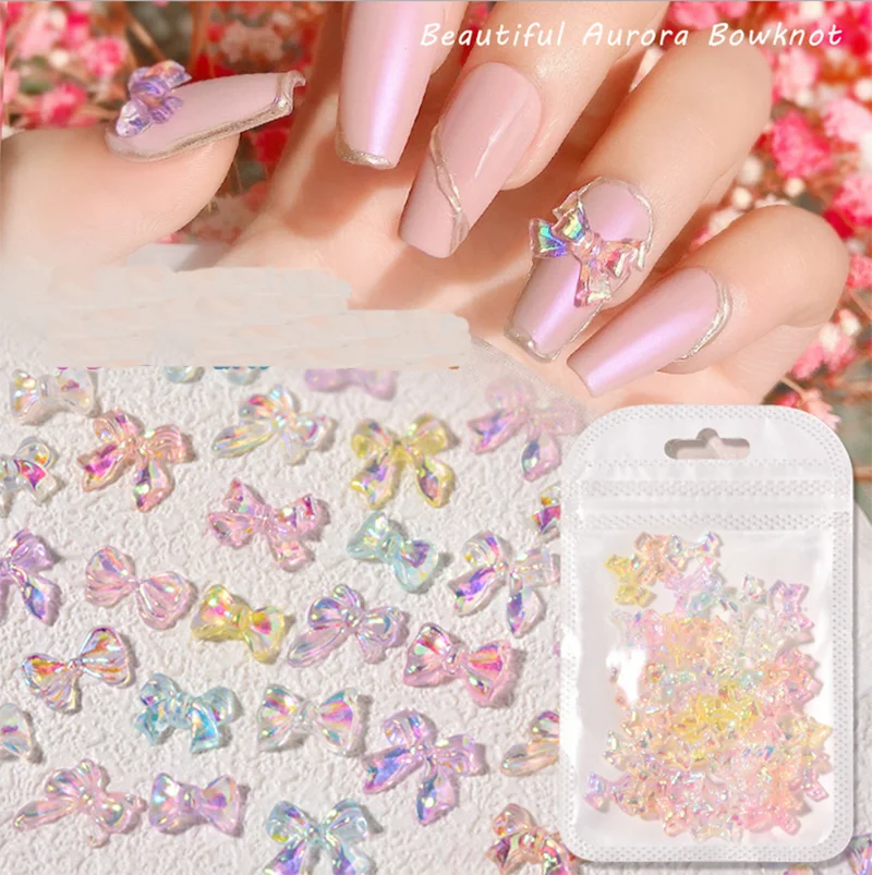 50Pcs/bag Cute Nail Art Rhinestones Acrylic Aurora Ribbon Bow Butterfly Knots Shapes Colorful Nail Charms Art Decorations