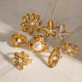X141 Wholesale Gold Plated Stainless Steel Pearl Statement Chunky Ring Flower Shape Open Ring Jewelry for Women