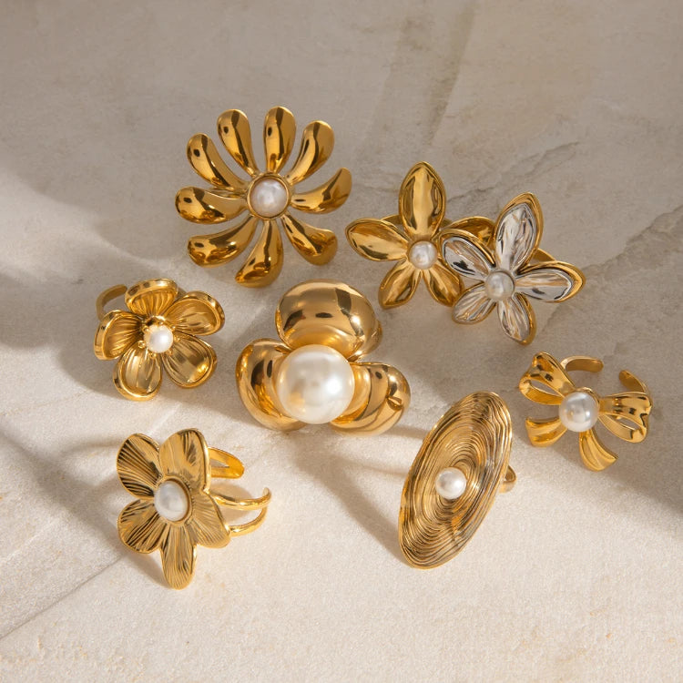 X141 Wholesale Gold Plated Stainless Steel Pearl Statement Chunky Ring Flower Shape Open Ring Jewelry for Women