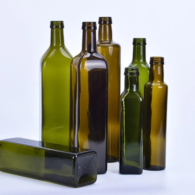 Hot Sell Custom 125ml 250ml 500ml 750ml 1000ml Green Brown Color Clear Glass Square Round Olive Oil Bottles With Aluminum Cap