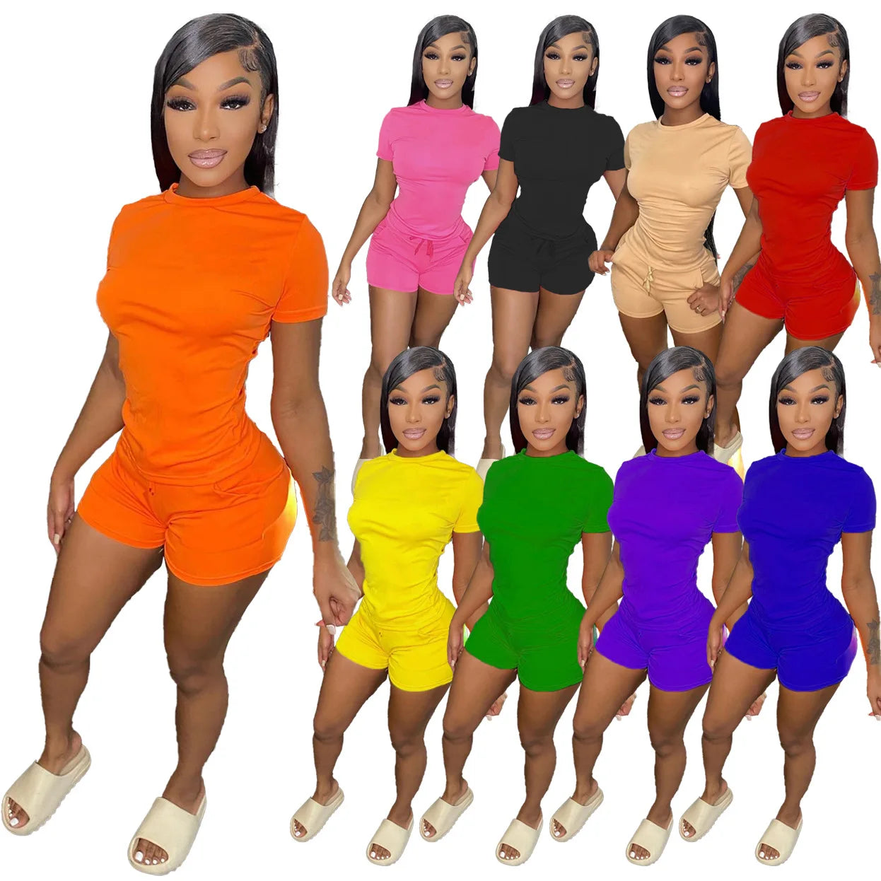 Summer Two Piece Outfits for Women Biker Shorts Sets Ladies Active Wear Tracksuits Solid Ladies Summer 2022
