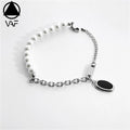 VAF Synthetic Glass Pearl Link Cross Chain Oval Enamel Charm Bracelet Stainless Steel Bracelet for Men and Women